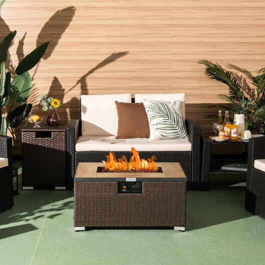 32 x 20 Inch Propane Rattan Fire Pit Table Set with Side Table Tank and Cover-Brown - Color: Brown