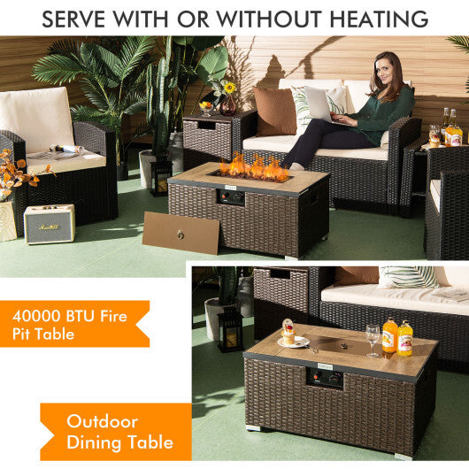 32 x 20 Inch Propane Rattan Fire Pit Table Set with Side Table Tank and Cover-Brown - Color: Brown