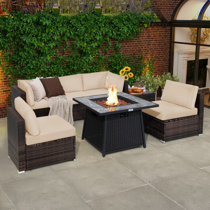 7 Pieces Patio Furniture Set with 35 Inches 50000 BTU Propane Gas Fire Pit Table and Waterproof Cover for Firpit-Beige - Color: Beige