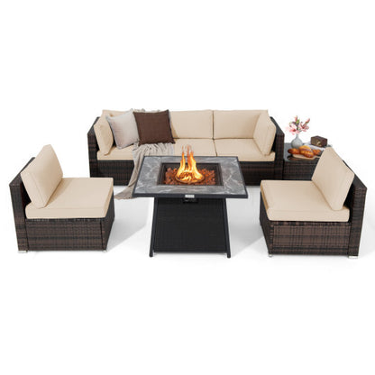 7 Pieces Patio Furniture Set with 35 Inches 50000 BTU Propane Gas Fire Pit Table and Waterproof Cover for Firpit-Beige - Color: Beige