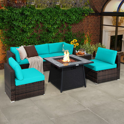 7 Pieces Patio Furniture Set with 35 Inches 50000 BTU Propane Gas Fire Pit Table and Waterproof Cover for Firpit-Turquoise - Color: Turquoise