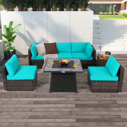 7 Pieces Patio Furniture Set with 35 Inches 50000 BTU Propane Gas Fire Pit Table and Waterproof Cover for Firpit-Turquoise - Color: Turquoise