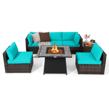 7 Pieces Patio Furniture Set with 35 Inches 50000 BTU Propane Gas Fire Pit Table and Waterproof Cover for Firpit-Turquoise - Color: Turquoise