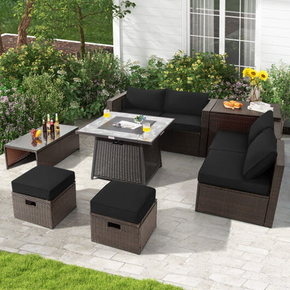 9 Pieces Patio PE Wicker Sectional Set with 50000 BTU Fire Pit Table-Black - Color: Black