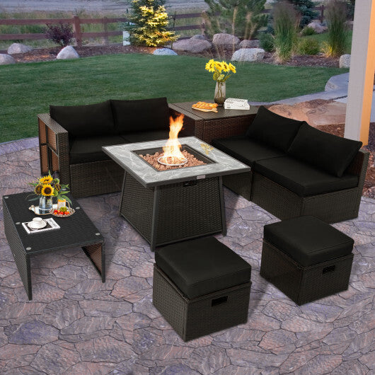 9 Pieces Patio PE Wicker Sectional Set with 50000 BTU Fire Pit Table-Black - Color: Black