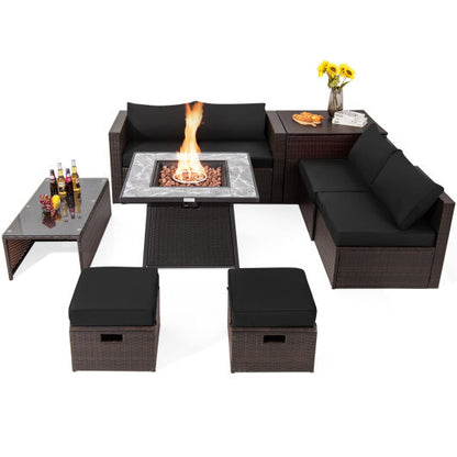 9 Pieces Patio PE Wicker Sectional Set with 50000 BTU Fire Pit Table-Black - Color: Black