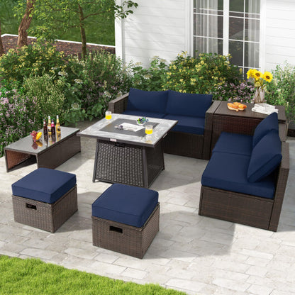 9 Pieces Patio PE Wicker Sectional Set with 50000 BTU Fire Pit Table-Navy - Color: Navy