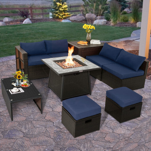 9 Pieces Patio PE Wicker Sectional Set with 50000 BTU Fire Pit Table-Navy - Color: Navy