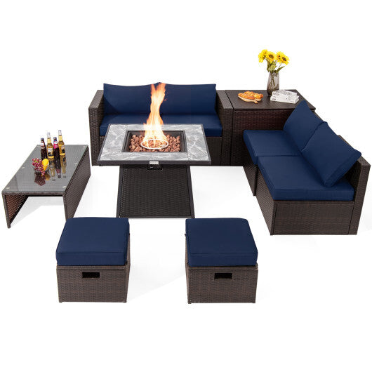 9 Pieces Patio PE Wicker Sectional Set with 50000 BTU Fire Pit Table-Navy - Color: Navy