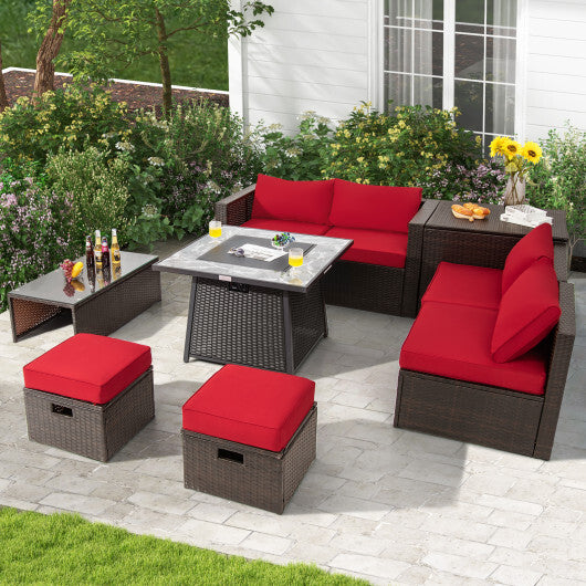 9 Pieces Patio PE Wicker Sectional Set with 50000 BTU Fire Pit Table-Red - Color: Red