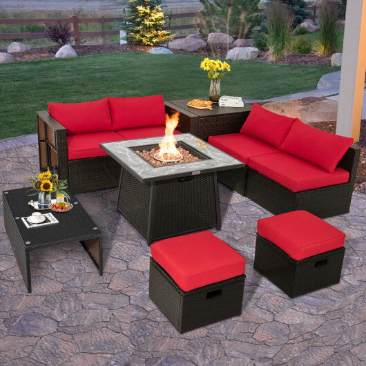 9 Pieces Patio PE Wicker Sectional Set with 50000 BTU Fire Pit Table-Red - Color: Red