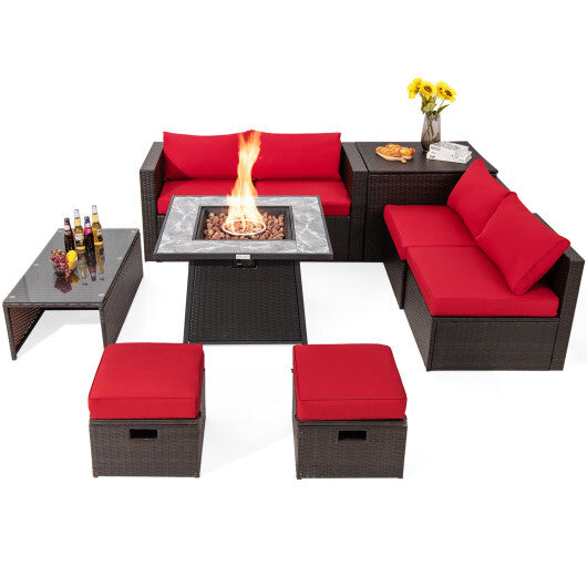 9 Pieces Patio PE Wicker Sectional Set with 50000 BTU Fire Pit Table-Red - Color: Red