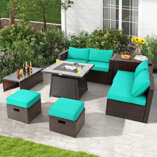 9 Pieces Patio PE Wicker Sectional Set with 50000 BTU Fire Pit Table-Turquoise - Color: Turquoise