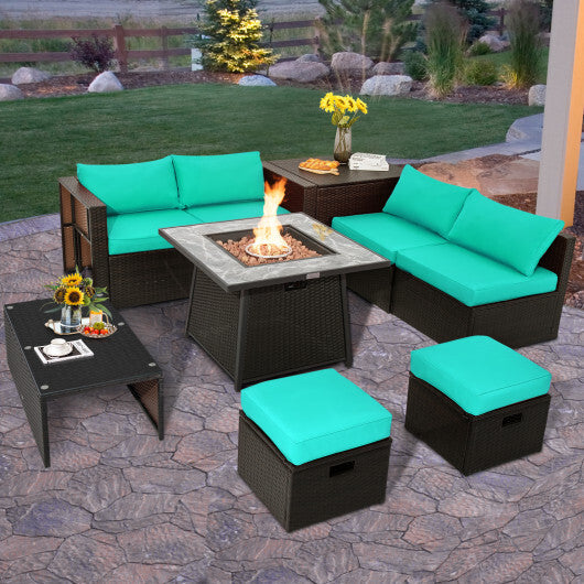 9 Pieces Patio PE Wicker Sectional Set with 50000 BTU Fire Pit Table-Turquoise - Color: Turquoise