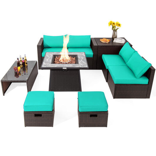 9 Pieces Patio PE Wicker Sectional Set with 50000 BTU Fire Pit Table-Turquoise - Color: Turquoise