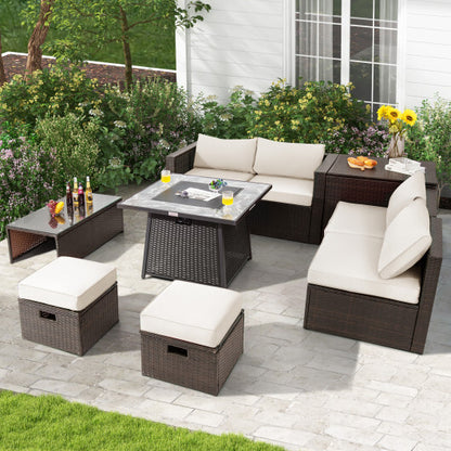 9 Pieces Patio PE Wicker Sectional Set with 50000 BTU Fire Pit Table-Off White - Color: Off White