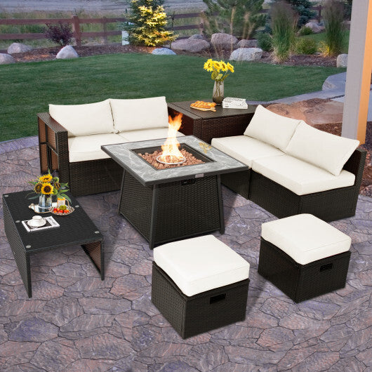 9 Pieces Patio PE Wicker Sectional Set with 50000 BTU Fire Pit Table-Off White - Color: Off White