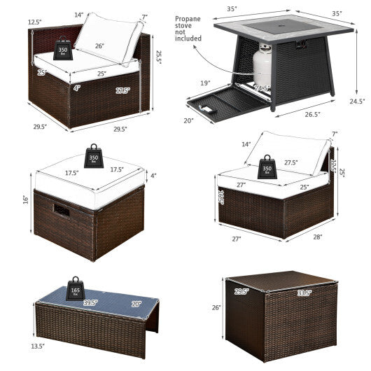 9 Pieces Patio PE Wicker Sectional Set with 50000 BTU Fire Pit Table-Off White - Color: Off White