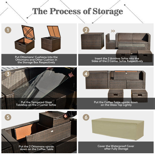 9 Pieces Patio PE Wicker Sectional Set with 50000 BTU Fire Pit Table-Off White - Color: Off White