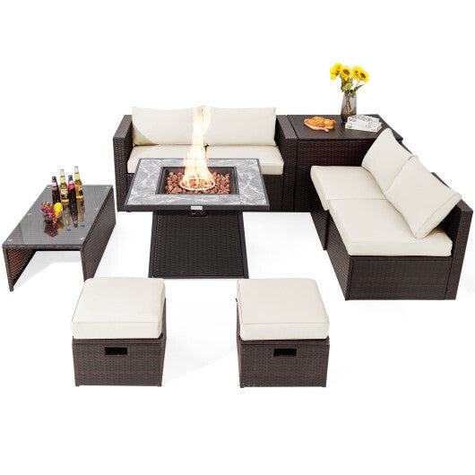 9 Pieces Patio PE Wicker Sectional Set with 50000 BTU Fire Pit Table-Off White - Color: Off White