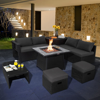 9 Pieces Outdoor Wicker Sectional with 35 Inch Gas Fire Pit Table-Gray - Color: Gray