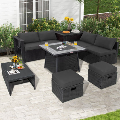 9 Pieces Outdoor Wicker Sectional with 35 Inch Gas Fire Pit Table-Gray - Color: Gray