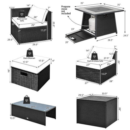 9 Pieces Outdoor Wicker Sectional with 35 Inch Gas Fire Pit Table-Gray - Color: Gray