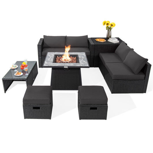 9 Pieces Outdoor Wicker Sectional with 35 Inch Gas Fire Pit Table-Gray - Color: Gray