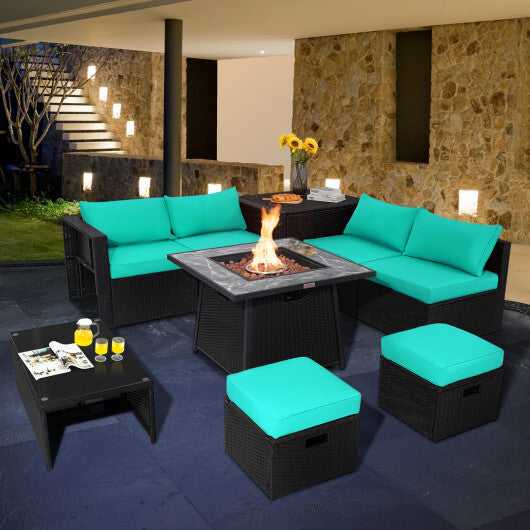 9 Pieces Outdoor Wicker Sectional with 35 Inch Gas Fire Pit Table-Turquoise - Color: Turquoise