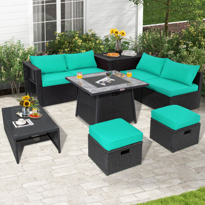 9 Pieces Outdoor Wicker Sectional with 35 Inch Gas Fire Pit Table-Turquoise - Color: Turquoise