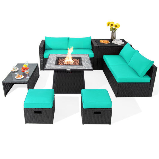 9 Pieces Outdoor Wicker Sectional with 35 Inch Gas Fire Pit Table-Turquoise - Color: Turquoise