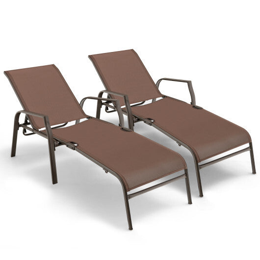 2 Pieces Patio Folding Chaise Lounge Chair Set with Adjustable Back-Brown - Color: Brown