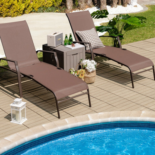 2 Pieces Patio Folding Chaise Lounge Chair Set with Adjustable Back-Brown - Color: Brown