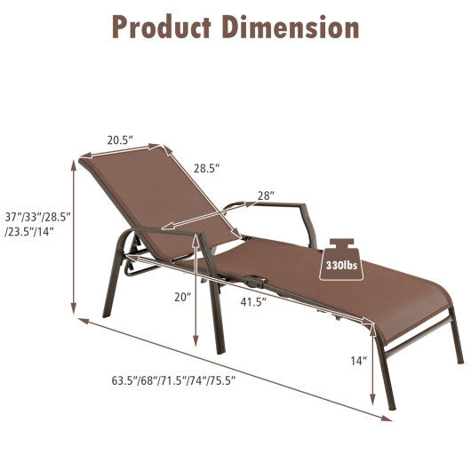 2 Pieces Patio Folding Chaise Lounge Chair Set with Adjustable Back-Brown - Color: Brown