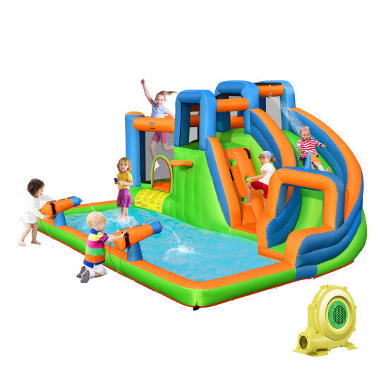 7-in-1 Inflatable Giant Water Park Bouncer with Dual Climbing Walls and 735W Blower - Color: Multicolor