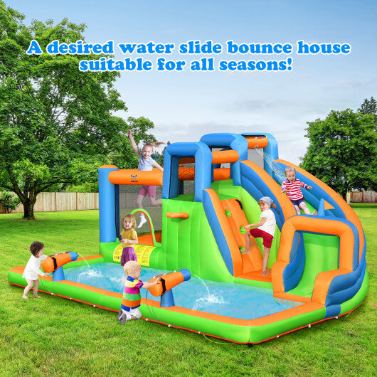 7-in-1 Inflatable Giant Water Park Bouncer with Dual Climbing Walls and 735W Blower - Color: Multicolor