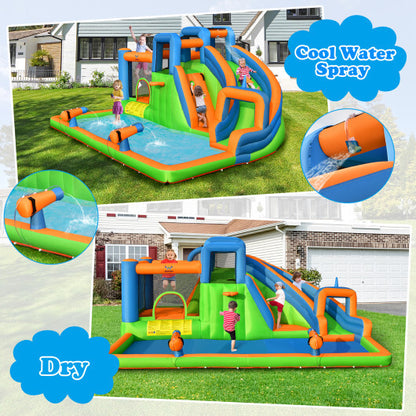 7-in-1 Inflatable Giant Water Park Bouncer with Dual Climbing Walls and 735W Blower - Color: Multicolor