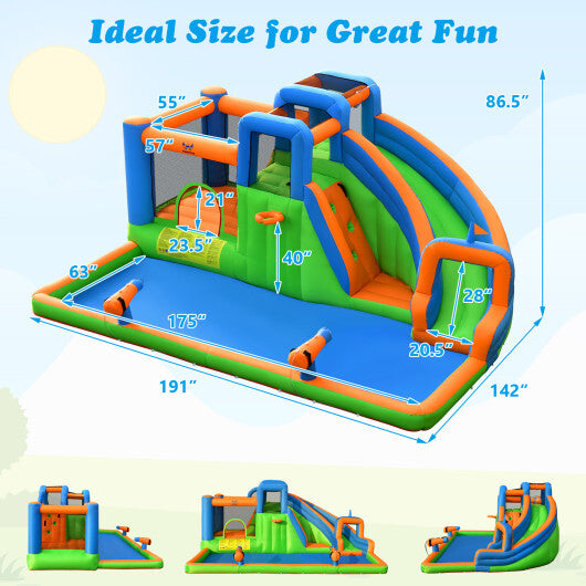 7-in-1 Inflatable Giant Water Park Bouncer with Dual Climbing Walls and 735W Blower - Color: Multicolor