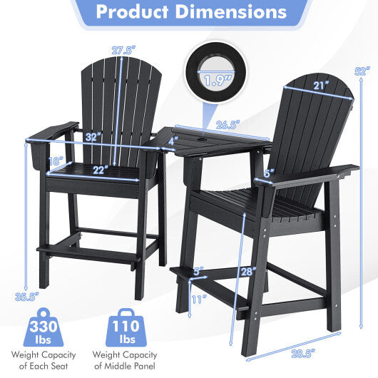 2 Pieces HDPE Tall Adirondack Chair with Middle Connecting Tray-Black - Color: Black