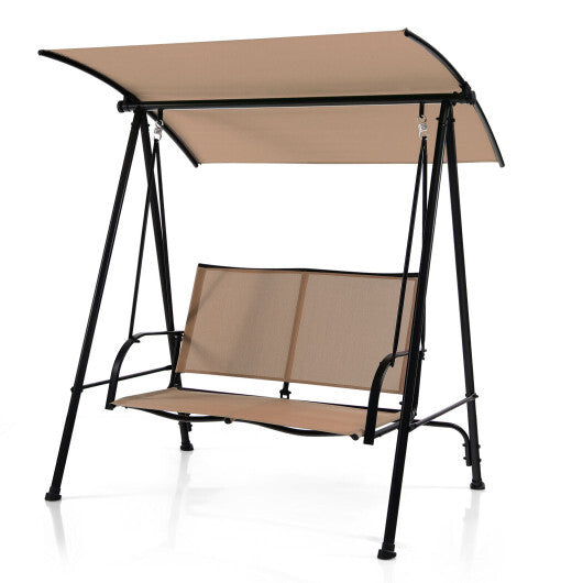 2-Seat Outdoor Canopy Swing with Comfortable Fabric Seat and Heavy-duty Metal Frame-Beige - Color: Beige