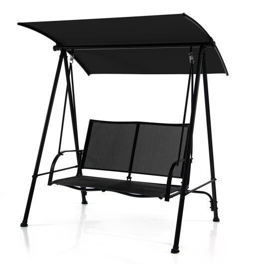 2-Seat Outdoor Canopy Swing with Comfortable Fabric Seat and Heavy-duty Metal Frame-Black - Color: Black