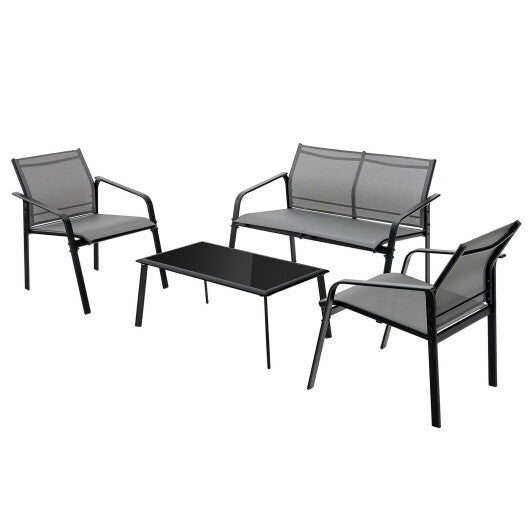 4 Pieces Patio Furniture Set with Armrest Loveseat Sofas and Glass Table Deck-Gray - Color: Gray