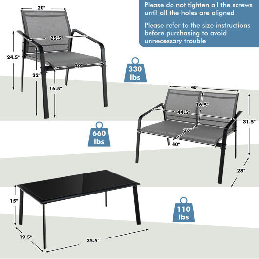 4 Pieces Patio Furniture Set with Armrest Loveseat Sofas and Glass Table Deck-Gray - Color: Gray