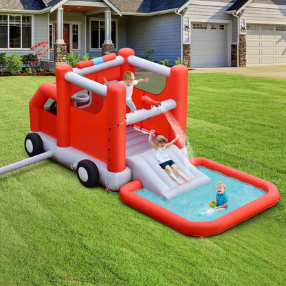 Fire Truck Themed Inflatable Castle Water Park Kids Bounce House with 480W Blower - Color: Red