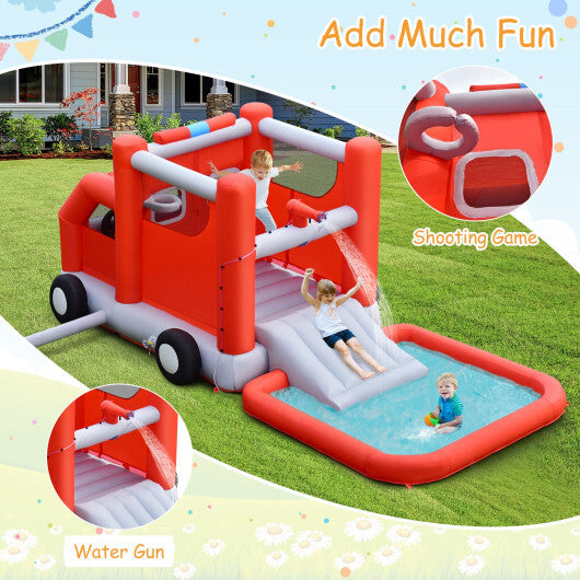 Fire Truck Themed Inflatable Castle Water Park Kids Bounce House with 480W Blower - Color: Red