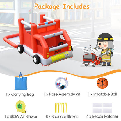 Fire Truck Themed Inflatable Castle Water Park Kids Bounce House with 480W Blower - Color: Red