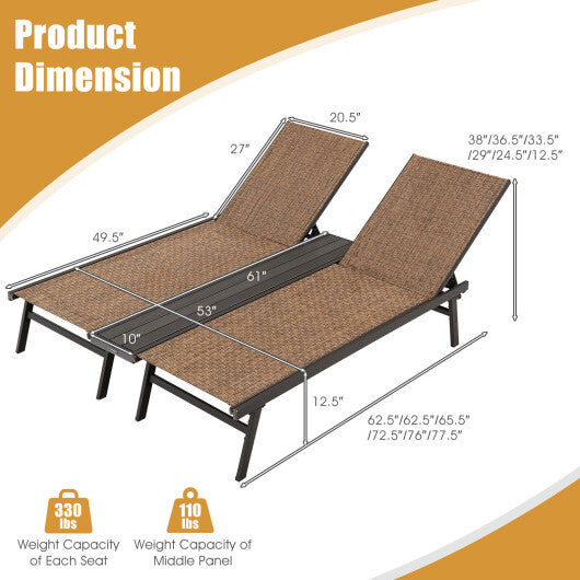 2-Person Patio Chaise Lounge with Middle Panel-Brown - Color: Brown