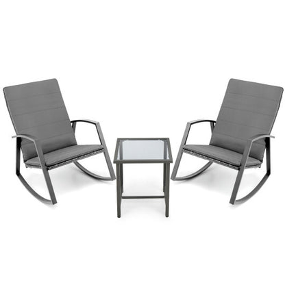 3 Pieces Patio Rattan Rocking Furniture Set-Gray - Color: Gray