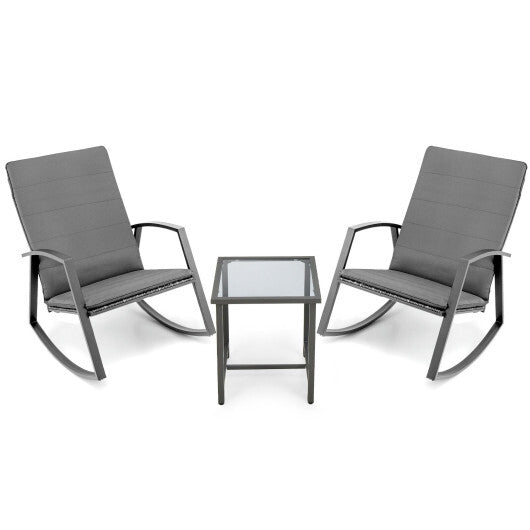 3 Pieces Patio Rattan Rocking Furniture Set-Gray - Color: Gray