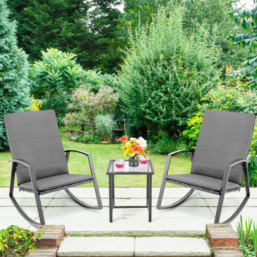 3 Pieces Patio Rattan Rocking Furniture Set-Gray - Color: Gray